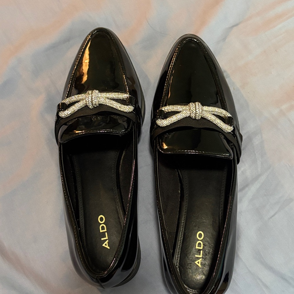 Aldo Black Patent Loafers with Silver Knot Trim